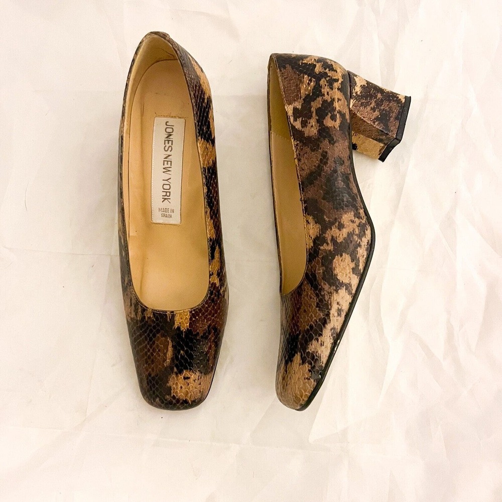 JONES NEW YORK Snakeskin pumps brown animal print leather 2" block heel size 8M